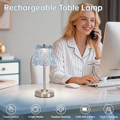 Shenmoyl Cordless Touch Table Lamp with 5200mAh Battery - 3 Adjustable Color Temperatures & Dimmable, Rechargeable Lamp for Bedroom, Living Room, Office, Entryway, Bookshelves (Clear Light Blue Rose) thumbnail 3