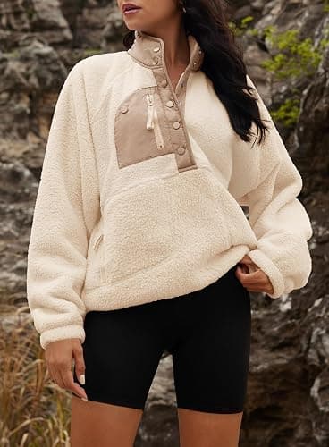Yanekop Womens Fuzzy Fleece Pullover Sherpa Sweatshirt Long Sleeve Button Down Sweater Winter Fleece Jacket with Pockets thumbnail 3