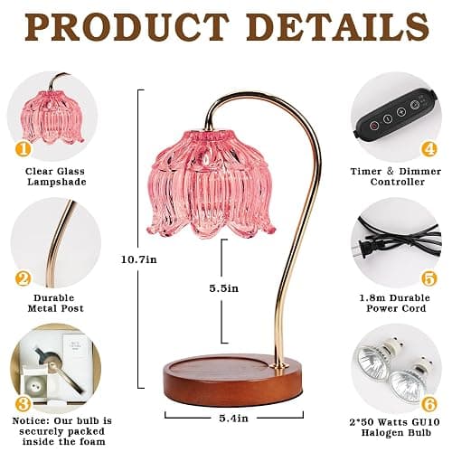Funistree Pink Candle Warmer Lamp with Timer, Dimmable Candle Lamp Warmer, Birthday Gift Idea for Women Mom Who Have Everything, House Warming for New Home, Lotus Wax Melt Warmer for Jar Candles thumbnail 8