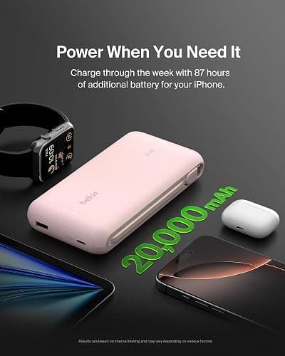 Belkin Portable Charger, Power Bank with Integrated Cable 20000 mAh 30W - Fast Charging USB C Power Delivery - iPhone 17, Air, Pro, Pro Max, iPad, AirPods, Apple Watch, Galaxy S25, & More - Pink thumbnail 7