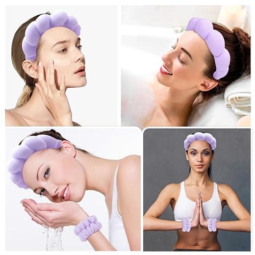 Zkptops Spa Headband for Washing Face Wristband Set Sponge Makeup Skincare Headband Terry Cloth Bubble Soft Get Ready Hairband Women Girl Puffy Padded Headwear Non Slip Thick Hair Accessory(Purple) thumbnail 4