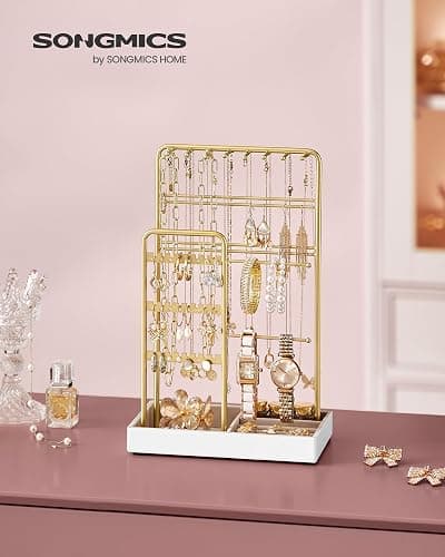 SONGMICS Jewelry Holder, Jewelry Organizer, Jewelry Display Stand with Metal Frame, Velvet Tray, Necklace Earring Bracelet Holder, for Studs, Rings, Gift Idea, Pale Gold UJJS021A01 thumbnail 2