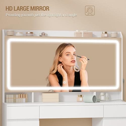 Hzuaneri Dressing Table, Vanity Desk with Power Strip, Vanity Table with Mirror and Lights, Adjustable Brightness, Makeup Desk with 11 Drawers, 3 Storage Compartments for Bedroom White DT43003XUK thumbnail 6