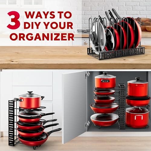 Pots and Pans Organizer Under Cabinet - 8-Tier Adjustable Pan Organizer Rack for Cabinet - Heavy-Duty Pot & Pan Organizer - Perfect to Store Pots, Pans, Lids - Easy Kitchen Organization and Storage thumbnail 4