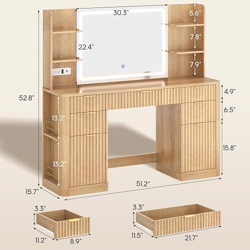 HAUOMS 51.2" Fluted Makeup Vanity Desk with Large 30.3" Mirror and Lights, 5 Drawer Vanity with Power Strip, 6 Open Shelves, 2 Cabinet，Modern Dressing Table with Solid Wood Legs for Bedroom, Oak thumbnail 2