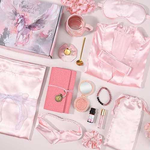 Golray Spa Gift Set for Teen Girls 10-12 14-18, 13 Pcs Girl Stuff Basket with Satin Pillowcase/Spa Robe/Journal/Mug, Christmas Birthday Self Care Things Gift for Kid Daughter Sister Tween Trendy Stuff thumbnail 2