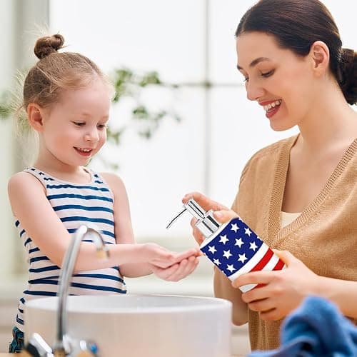 FYSUIMU Patriotic Soap Dispenser Refillable Liquid Container 4th of July American Flag Glass Soap Dispenser with Pump for for Independence Day Bathroom Kitchen Countertop Decor thumbnail 5