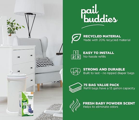 Disposable Diaper Pail Refills Compatible with Ubbi Diaper Pail | Diaper Pail Refill Bags made with Recycled Material | Fresh Powder Scent for Odor Control | Disposable Diaper Trash Bags (75 Count) thumbnail 3