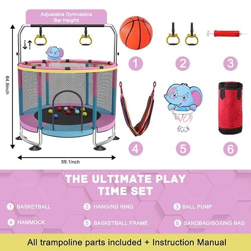 Trampoline for Kids, 60" Toddler Trampoline Indoor Outdoor, 440lbs KidsTrampoline with Enclosure Net, Upgraded Ring Legs with Adjustable Gymnastics Bar, Gifts for Ages 1-8 Boys&Girls thumbnail 8