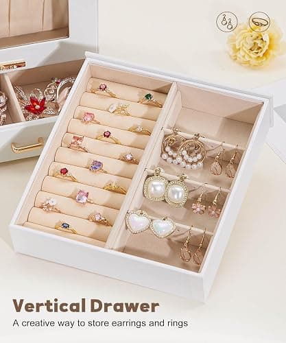 Homde Jewelry Organizer Girls Women Jewelry Box for Necklaces Rings Earrings Gift Bracelets Storage Case (White + Gold) thumbnail 8