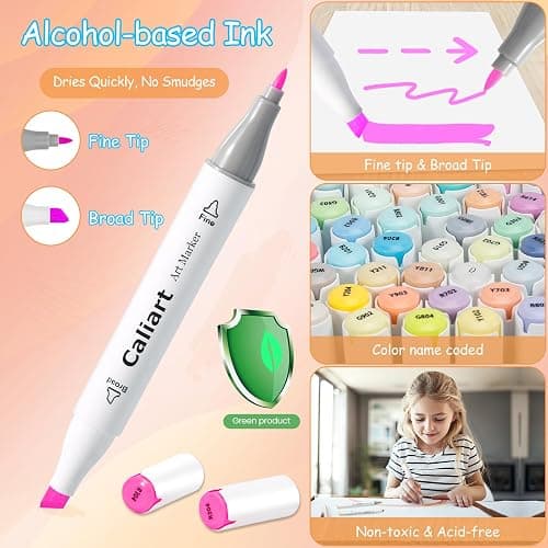 Caliart Pastel Markers, 61 Colors Dual Tip Art Markers Sketch Pens Permanent Alcohol Based, with Case for Adults Artists Drawing Illustration Sketching Coloring thumbnail 2