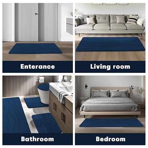 YIHOUSE Memory Foam Blue Bathroom Rug Sets 3 Piece, Ultra Absorbent Bath Mat for Bathroom - Non-Slip Machine Washable & Dry Quickly, 3 Piece Bathroom Mat Set, Navy Blue thumbnail 8