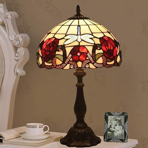 Lampe Tiffany Stil Tischlampe, Schreibtisch Schlafzimmer Lesung Bankierlampe, Beige Rot Buntglas Mediterran Libelle Lampenschirm, W12 H19 Zoll, Mission Nacht Wohnzimmer Tischleuchte,Resin base thumbnail 4