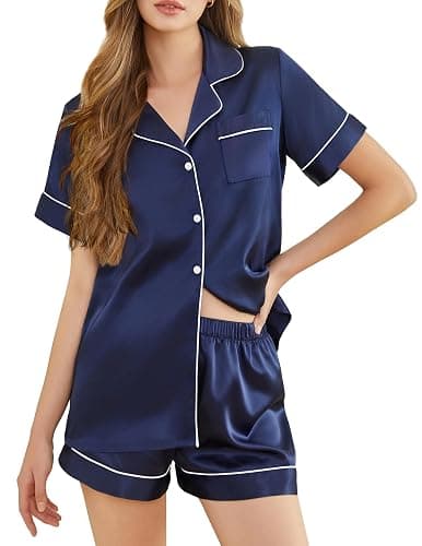 SHEFOTY Silk Pajamas for Women Short Sleeve Sleepwear Soft Button Down Loungewear 2 Piece Satin Pjs Shorts Set S-XXL - Image 1