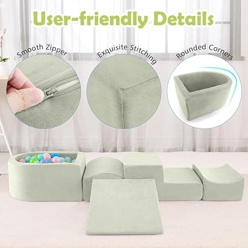 COSTWAY 5-Piece Soft Play Climbing Blocks, Baby Climb and Crawl Playset with Ball Pit, Foam Playground Montessori Toy for Toddlers (Green) - Green thumbnail 6