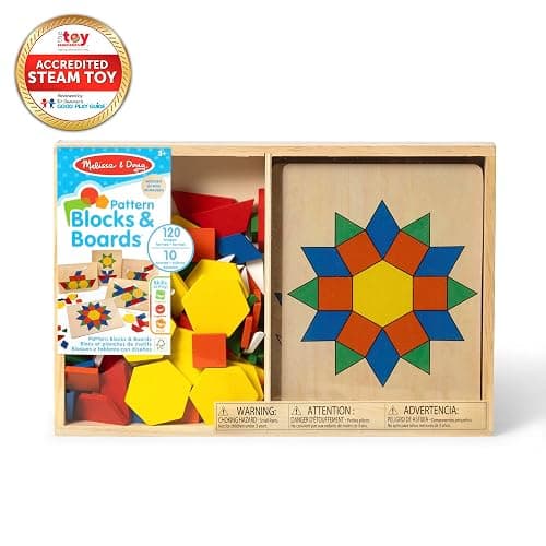 Melissa & Doug Pattern Blocks and Boards with 120 Multi-Colored Wooden Shape Tiles, 5 Double-Sided Puzzle Boards, Tangram Puzzles, Montessori Toys for Girls & Boys thumbnail 3