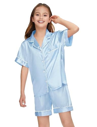 ALHAVONE Kids Girl Pajama Set with Headband Blindfold Hair Tie Toddler Boy Girl Satin Silky Button-up Pajama Sleepwear thumbnail 2