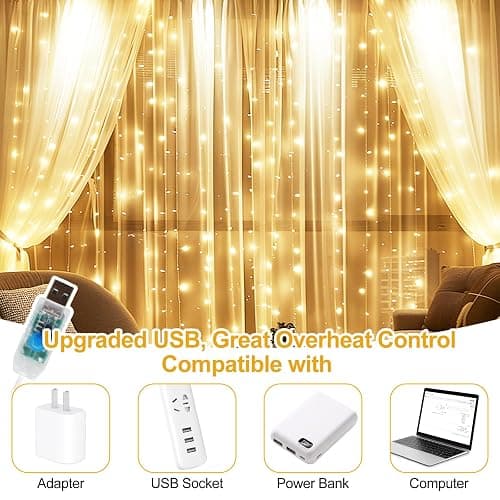 HOLITS 2 Pack Fairy Curtain Lights Upgraded Tangle-Free Warm White USB Plug in 8 Modes String Hanging Lights with Remote for Christmas, Bedroom, Indoor, Outdoor, Weddings, Party (10 FTx10 FT) thumbnail 6