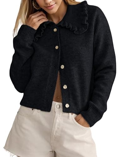 InterNos Womens Y2k Ruffled Collar Cardigan Sweaters Classic Button Down Long Sleeves Fall Sweater Crop Tops - Image 1