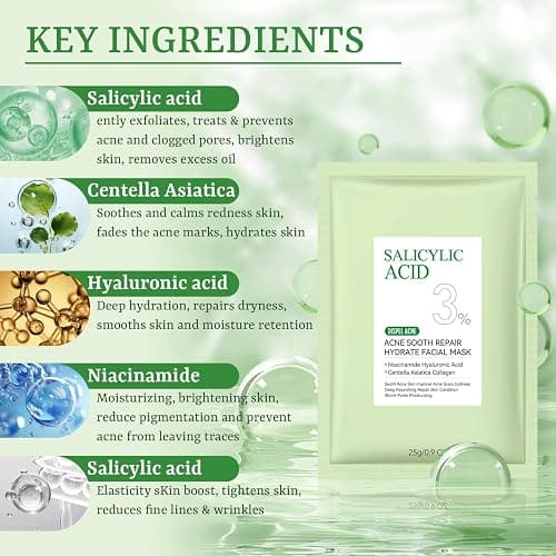 YTRAJU Anti Acne Face Mask Salicylic Acid Face Masks Skincare, Hydrating Face Masks, Soothing Facial Sheet Masks Skin Care for Acne Prone, Acne Mask for Pimple Breakouts Oil Control, 10 Pack thumbnail 3