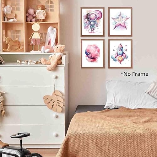 MOCVSWO Pink Outer Space Wall Art Prints,Watercolour Star Rocket Astronaut Posters for Nursery Decor Girls Room Decor Kids Bedroom Boys Playroom Classroom Decor,Set Of 4 (8X10inch,Unframed). thumbnail 2