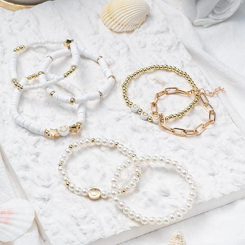 LieToi Preppy Heishi Bracelets Set Colorful White Gold Smile Heart Star Evil Eye Beaded Polymer Clay Pearl Stackable Charm Y2K Kidcore Summer Beach Bohemian Layering Bracelets Jewelry for Women Girls Teens thumbnail 4