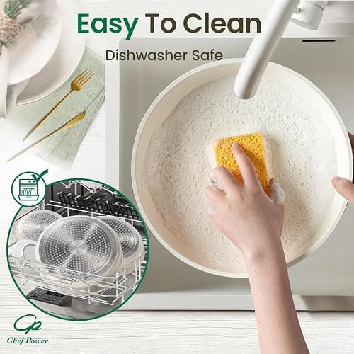 Chef Power Ceramic Cookware Set Non Toxic with Detachable Handles, Healthy Nonstick Pans and Pots Set 19 Pcs, Induction Dishwasher Oven Safe Kitchen Set, PFAS PFOA & PTFE Free, Cream White thumbnail 6