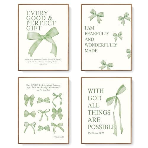 LARTSFRO Coquette Sage Green Bow Wall Art Decor Posters, Sage Green Bow Room Bedroom Bathroom Wall Art Decor Aesthetic for Teen Girls Gifts, Inspirational Bible Verses Bow Wall Decor, 12x16 Inch Set of 4 Bow Pictures Unframed - Image 1