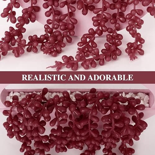 Floweroyal 2pcs Artificial Succulents Hanging Plants 12.2'' Fake String of Pearls in Pot with 8.3'' Lanyard for Indoor Outdoor Wall Decor (Pink). thumbnail 4