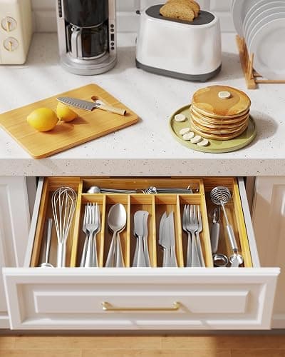 Kitsure Silverware Organizer - Expandable Bamboo Kitchen Drawer Organizer, Adjustable Cutlery Tray for Kitchen Storage & Organisation, 33.6 x 4.5 x 29.0-47.0 cm thumbnail 6