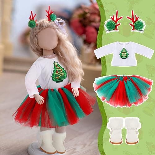 Kajaia 8 Pcs Christmas 18 Inch Doll Clothes and Accessories Dress Skirt Shoes Outfit with Santa Claus Deer Hairpin Outfit Christmas Themed Accessories for 18 Inch Doll thumbnail 2