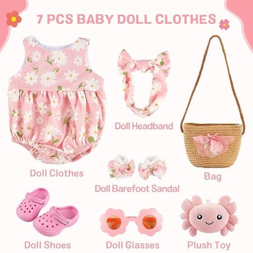 BABESIDE 7 Pcs Reborn Baby Doll Clothes with Woven Bag for 16-20 Inch Dolls | Reborn Baby Doll Accessories Set with 16 Inch Doll Shoes, Sunglasses, Toy Accessories fits Realistic Baby Dolls Girl thumbnail 5