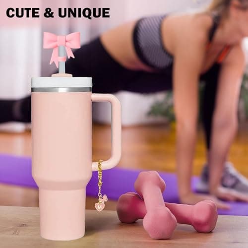 LUHOHI Pink Bow for Stanley Straw Topper- 3pcs Cute Cup Bow Straw Cover Silicone Cap 10mm with 2pcs Initial Letter Charms Name Id Personalized Accessories 40/30 Oz Tumbler Water Bottle Cups M thumbnail 6