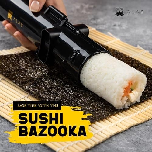 Alas Sushi Making Kit- Complete Sushi Making Kit for Beginners & Pros Sushi Makers, Perfect Sushi Making Kitchen Accessories Like Sushi Knife, 2 Sushi Mats, Rice Bazooka, Dipping Plate, & More (Black) thumbnail 5
