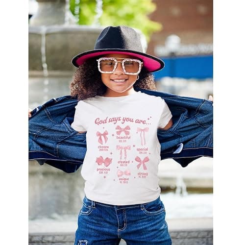 KEEVICI Cute Girls Bow God Shirt Christian Graphic Tees Jesus Shirts for Kids Bible Verse Inspirational Religious T Shirts thumbnail 3
