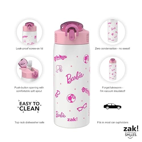 Zak Designs Barbie Porter Water Bottle for Travel and At Home, 19 oz Vacuum Insulated Stainless Steel with Locking Spout Cover, Built-In Carrying Loop, Leak-Proof Design (Barbie) thumbnail 5