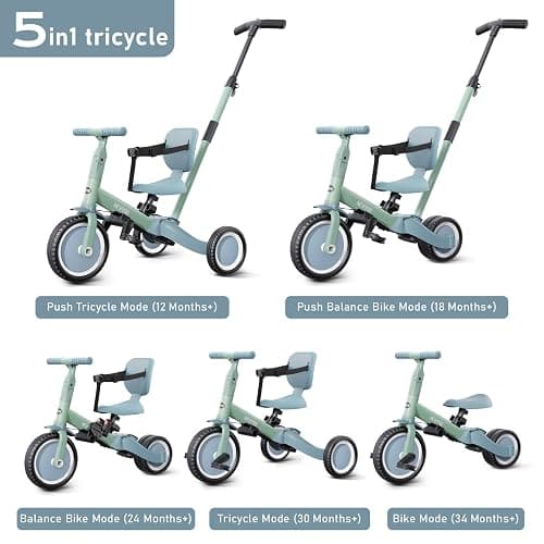 newyoo Toddler Tricycle with Push Handle for 1-3 Year Old, Toddler Bike, Birthday Gifts and Toys for Boys and Girls, 5 in 1 Kids Trike, Convert to Baby Balance Bike, Green, TR007 thumbnail 4