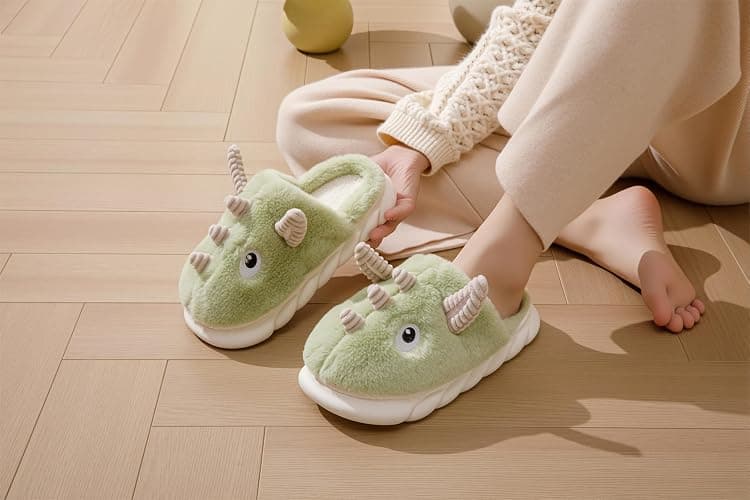 LANFIRE Pantoufles de dinosaures Chaussons en peluche pour femmes Chaussons animaux Chaussons hiver chauds thumbnail 3