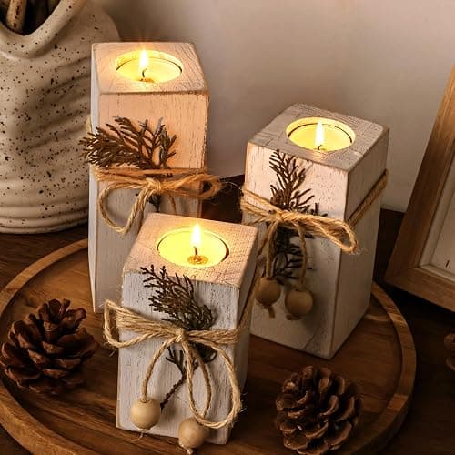 MelonBoat Rustic Flameless LED Candles 3-Pack, Battery Operated Candles with Wooden Candle Holders, White Rustic Farmhouse Decor, Farmhouse Candle Holder for Valentines Holiday Party Home Decor thumbnail 6