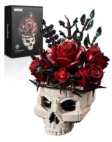 Gothic Skull Rose Flower Bouquet Building Set – Horror Skeleton Botanical Brick Kit for Adults, Gothic Decor with Red Roses, Dark Aesthetic Skull Planter Display, Unique Gift for Women & Goth Lovers - Image 1