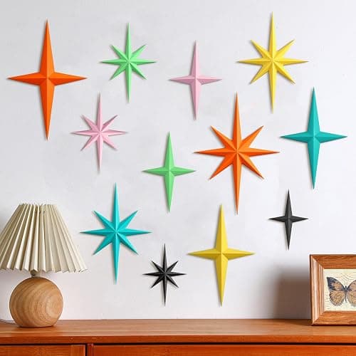 Blulu 12 Pcs Mid Century Modern Decoration Mcm Retro 3D Starburst Art Wall Sculpture, Plastic 8 Pointed Atomic Star Vintage Celestial Whimsigoth Accent for Home Office Room Decor(Retro) - Image 1