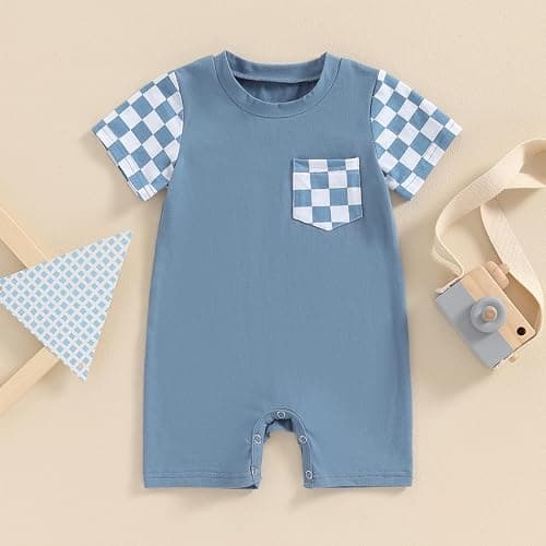 Karuedoo Newborn Baby Boy Girl Clothes Checkered Plaid Romper Jumpsuit Short Sleeve One-Piece Bodysuit Infant Summer Outfit thumbnail 2