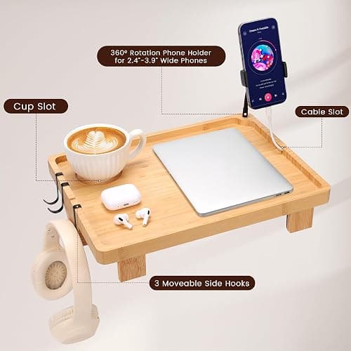 Fivebop Bedside Shelf for Dorm Bed & Top Bunk, Bamboo Bed Side Table Tray with Cup Phone Holder & Hooks, Bedside Caddy, Clip on Nightstand Bedside Storage College Dorm Room Essentials (Bamboo) thumbnail 4