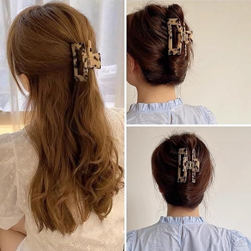 3 inch Hair Claw Clips Cutout Tortoise Shell Celluloid Hair Jaw Clips French Design Rectangle Hair Clamp for Women Ladies Mother (2 Pack) thumbnail 5