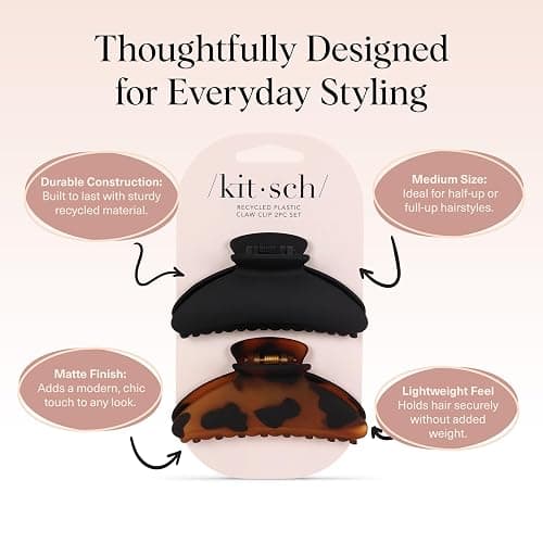Kitsch Medium Claw Hair Clips for Women 2pc - Black & Tortoise | Strong Hold Claw Clips – Great for Updo, Half Up Hairstyle – Daily Hair Accessories thumbnail 4