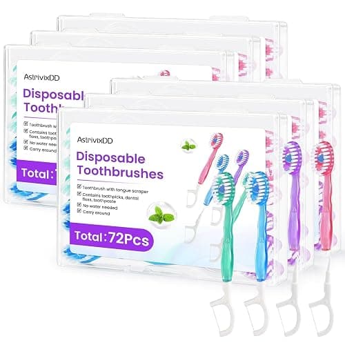 72 Pack 5-in-1 Mini Toothbrush Disposable, Prepasted Toothbrushes | Waterless Disposable Toothbrushes with Toothpaste, Floss, Tongue Scraper & Toothpick, for Travel, Hotel, Camping - Image 1