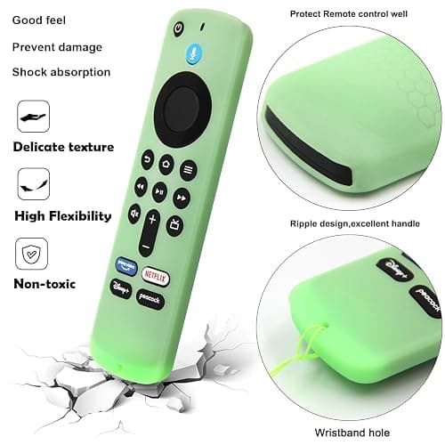 Pinowu Remote Cover Case (2pcs) Compatible with Fire TV Stick 4K HD 2nd (2024 Released) / Pioneer　Newest Alexa Voice Remote, Anti Slip Silicone Sleeve with Wrist Strap (Green, Turquoise, Glow) thumbnail 5