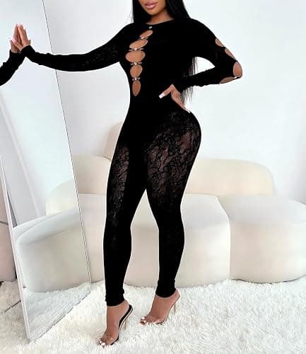 WEICHUJIAN Women’s Sexy Lace Mesh Jumpsuit Rhinestone Hollow Long Sleeve One Piece Bodysuit Club Party Outfits thumbnail 5