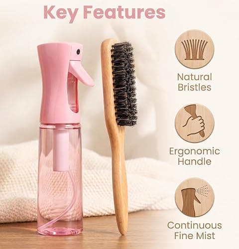 Slick Back Hair Brush,Natural Soft Boar Bristle Hair Brush and Spray Bottles,Made of Soft And Smooth Boar Bristles - Wide Teeth Shape And Define Curls - Styles Women Curly Hair (PINK) thumbnail 2