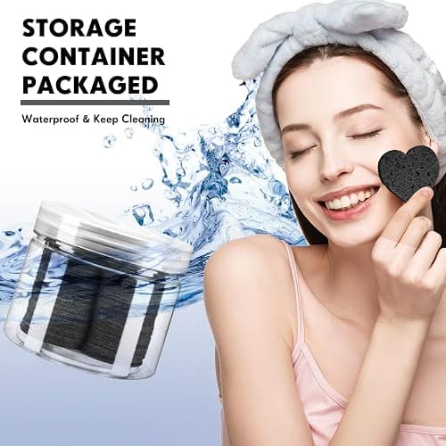 Nuenen 60 Pieces Facial Sponges with Container, Heart Shape Compressed Face Sponges Natural Cleaning Pads for Washing Face Cleaning Exfoliating Esthetician Makeup Removal(Black) thumbnail 6
